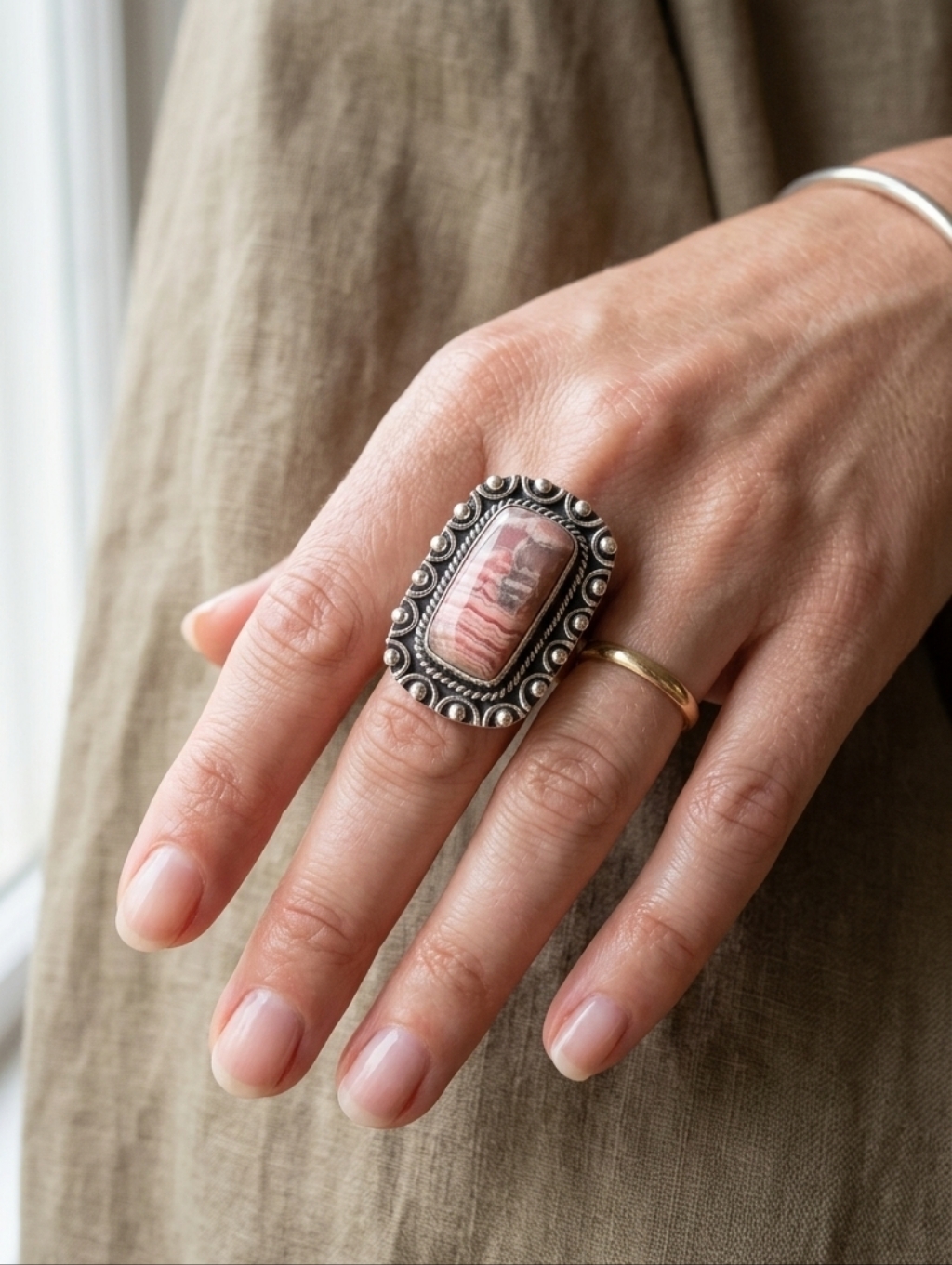 Silver 925 Rhodochrosite Stone Women's Ring